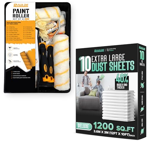 21 Pcs Paint Roller Set with 10x Large Dust Sheets – Complete Painting Kit with Rollers, Brushes, Trays, Masking Tape & Plastic Sheets for Walls, Ceilings & Furniture Protection