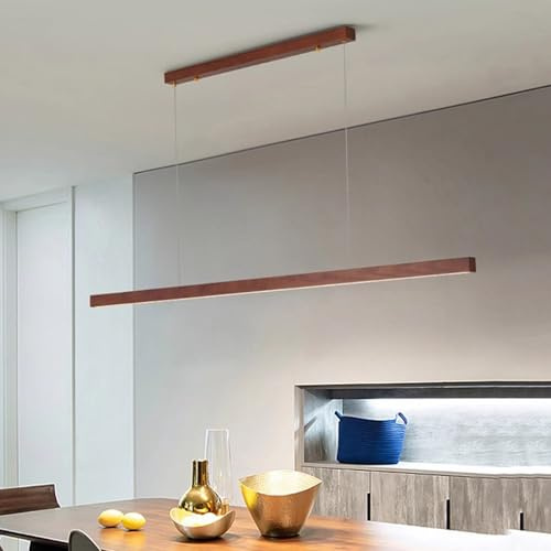 Yuelux Moderne LED Pendelleuchte im Linear-Design, Hängeleuchte aus Holz, Höhenverstellbar und per Fernbedienung Dimmbar, für über den Esstisch, in die Küche oder ins Wohnzimmer (Walnuss, 60cm)