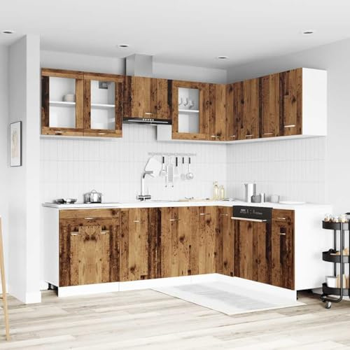 ACAGALA 11-TLG. Küchenschrank-Set, Eckküche, Küchenblock variabel stellbar, Küchenzeile in L-Form, Altholz Holzwerkstoff, Küche Komplett, ohne Arbeitsplatte, Küchenschrank, Hängeschrank
