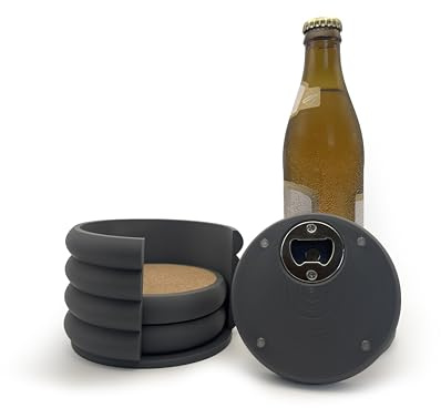 Premium Untersetzer 4er Set mit Halter/Ständer - mit Flaschen-/Bieröffner, Korkdeckel, rutschfesten Silikonfüßen & eingebettetem Magnet für Kronkorken - Ideales Bar & Wohnaccessoire Geschenk