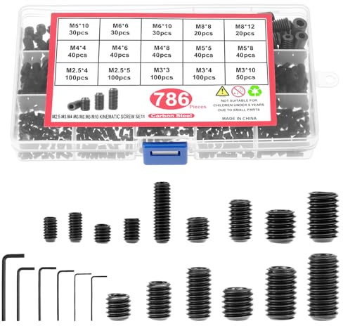 QWORK® 786-teiliges DIN 916 Madenschrauben Set M2.5-M8, Kohlenstoffstahl der Güteklasse 12.9 - Sechskantkopf Schrauben mit Inbusschlüssel