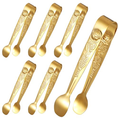 6PCS 4.2 Mini Tongs for Serving Food, Small Gold Metal Rose Sugar Cube Tong Stainless Steel Tiny Kitchen Utensils for Buffet, Party, Appetizers, Ice, Salad, Toaster, Desserts and Charcuterie Board