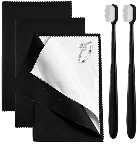 5 Pcs Silver Jewellery Cleaner Kit, Silver Polishing Cloths | Include 3pcs Double Sided Polishing Cloth & 2pcs Soft Cleaner Brush for Cleaning Gold, Diamonds, Platinum, Gemstones, Coins