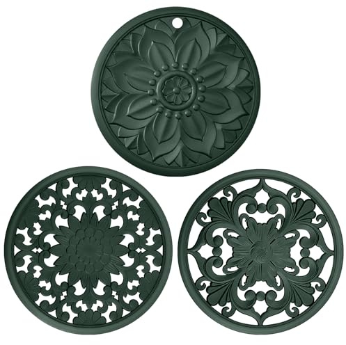 BAIWANT Silicone Trivet Mat Set of 3 Heat Resistant Pot Holders for Non-Slip Hot Pans Thick Creative Shapes for Dining Table Kitchen Countertops Tablecloth Protection (Malachite Green)