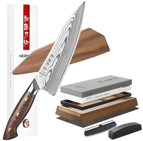 HEZHEN Cuchillo de Chef de 67 Capas de Acero Damasco con Piedra de Afilar Profesional Afilador de Cuchillos