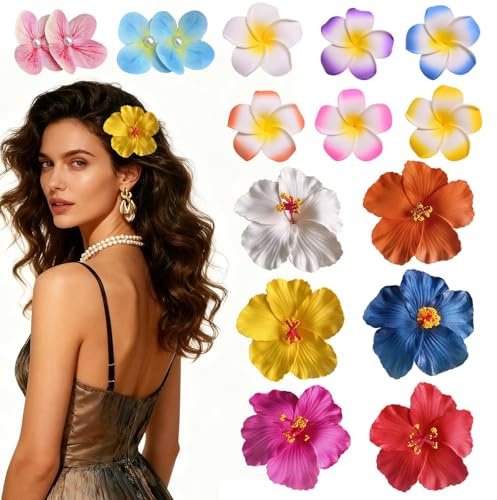 14 Haarclips avec fleurs hawaïennes, pinces à cheveux hibiscus de 9,5 cm, idéales pour des accessoires capillaires pour femmes en fleurs artificielles, parfaites pour les fêtes de vacances, à la