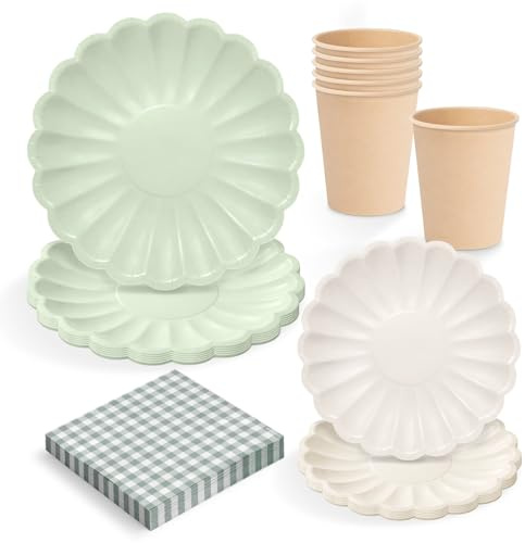 OH YEAH - Set Vajilla Desechable Fiesta 6 Personas - Vasos Cartón 270 cc + Platos Cartón Ø18 y Ø23 cm + Servilletas Papel - Menaje para Cumpleaños y Eventos - FIESTA COLOR FLORAL (Verde Menta)