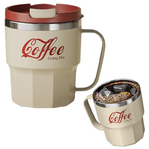 LOMUG Thermobecher, Kaffeebecher to Go 400ML, Kaffeebecher mit Auslaufsicherem Deckel, Edelstahl Camping Becher, Thermobecher mit Henkel, für Tee Kaffee Heißes Kaltes Wasser (Beige)