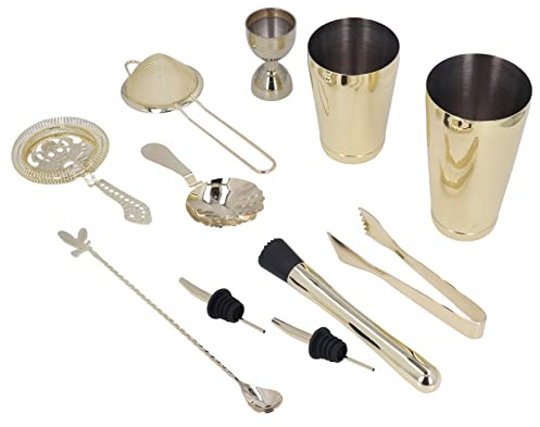 ZDETGU Kit en Acier Inoxydable, Ensemble en or Rose, avec Cuillère à Mélanger, Passoire, Jigger pour Bar à Domicile, Boissons Professionnelles, 11 Pièces (GOLD)