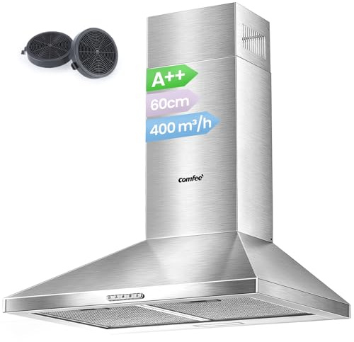COMFEE' 60 cm New Chimney Cooker Hoods Class A++ Stainless Steel Extractor Hood with LED and Recirculating & Ducting System Wall Mounted Hood 600 mm with Carbon Filters | A++ energy saving, LED touch lighting, Ducted/recirculating dual system, Carbon filters included, Low noise