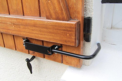 BLOQUE VOLET DROIT NOIR GRAND MODELE: 1 Arrêt de volet GRAND MODELE DROIT avec poignée pour ouvrir/fermer facilement. Spécial feuillure, gond déporté. Vue de l'intérieur. Volet ouvrant sur la droite