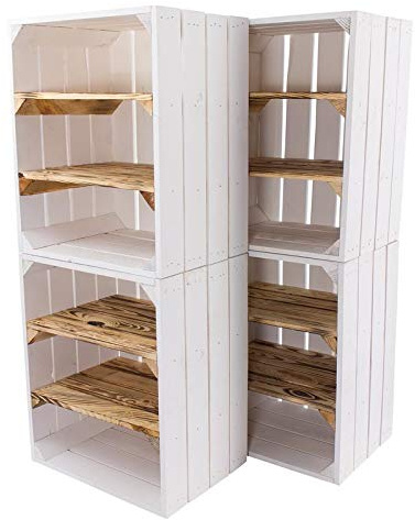Vintage Möbel 24 GmbH 4 weiße Holzkisten mit 2 geflammten Mittelbrettern quer 50cm x 40cm x 30cm Obstkiste Weinkiste mit Zwischenbretter flambiert Wandregal Natur Gartendeko Küchenregal