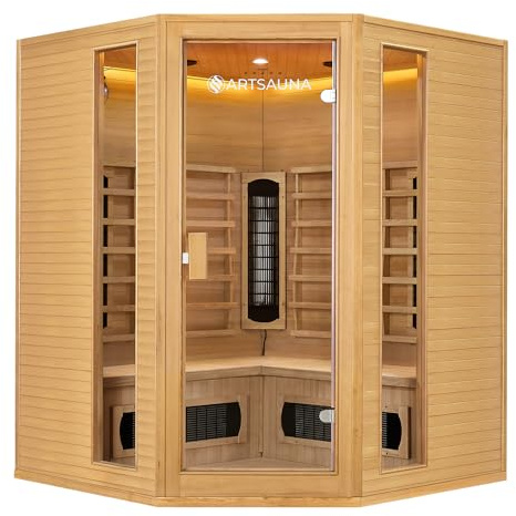 Artsauna Eck-Infrarotkabine Nyborg E150K - Infrarotsauna 150x150 cm mit Dual-Technologie & LED-Farblicht - bis zu 4 Personen - Wärmekabine aus Hemlock