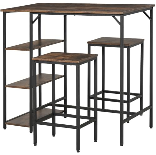 HOMCOM Bartisch-Set Stehtisch 109 x 60 x 100 cm Rustikales Braun+Schwarz | Mit 2 Barhockern, Essgruppe, 3-Teiliges Tischset, Küchentresen, Mit Regale, Spanplatte Stahl