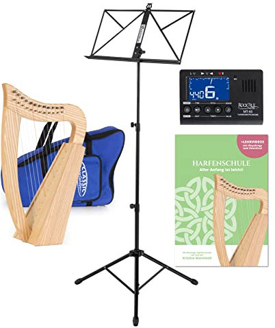 Classic Cantabile H-12 Keltische Harfe Set - Kompakte Celtic Harp aus Eschenholz - 12 Saiten - In C-Dur gestimmt - inkl. Tasche, Schule, Notenständer und Metro-Tuner & 2 Stimmschlüssel - Höhe: 51 cm