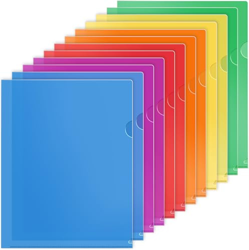 KTRIO Clear Plastic Folders Sleeves 12 Pack, 6 Assorted Colors, Documents Project Pockets for Letter Size 8.5x11 Paper, L-Shaped File Jackets, Acid-Free Poly Plastic