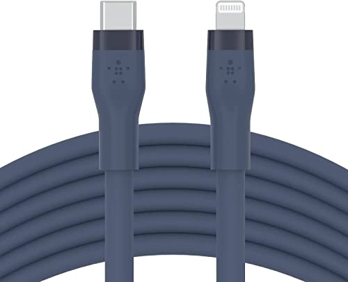 Belkin Cable de silicona USB-C a Lightning de 3 m BoostCharge Flex, Certificación MFi, Carga Rápida PD de 20 W para iPhone 14/14 Plus, 13, 12, Pro, Max, Mini, SE, iPad y Otros, Azul