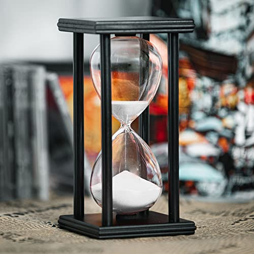 Timer a clessidra 60 minuti, cornice in legno nero decorativo sabbia (sabbia bianca, 20,3 x 10,2 x 10,2 cm)