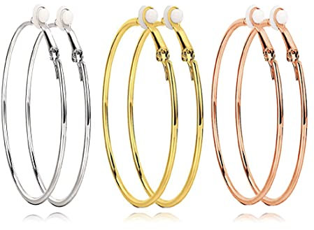 3 Paar Ohrclips, großes Creolen-Set, nicht durchbohrte Damenohrringe, Hypoallergene Damenohrringe aus Vergoldetem Roségold und Silber（5cm）