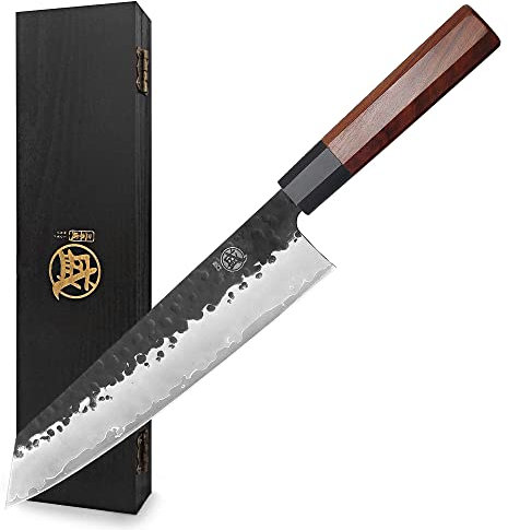 MITSUMOTO SAKARI 23 cm Coltello da Cucina, Coltello da Carne in Acciaio ad Alto Tenore di Carbonio, Coltelli da Cucina Professionali Forgiato a Mano (Manico in Palissandro e Confezione Regalo)