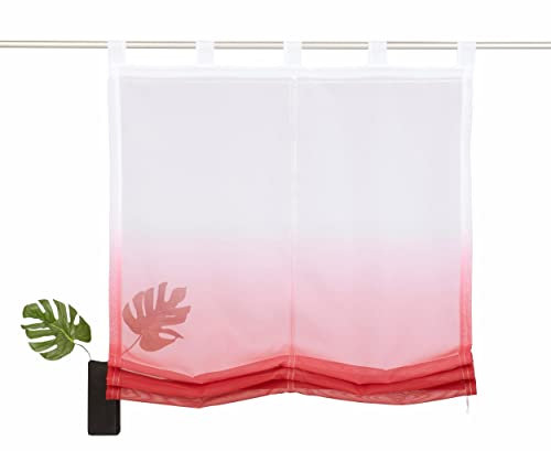Devola Raffrollo Farbverlauf Vorhang transparent Voile Raffgardinen Modern Rollo mit Kordelzug Küchengardine mit Schlaufen Faltvorhang BxH 100x150cm Rot 1er Pack