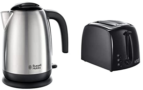 Russell Hobbs 23910 Adventure Brushed Stainless Steel Electric Kettle, Open Handle, 3000 W, 1.7 Litre, Brushed Steel & 21641 Textures 2-Slice Toaster, 700-850 W, Black