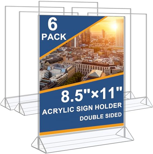 Seencool Acrylic Sign Holder 8.5 x 11 Vertical Double-Sided Flyer Display Stands, Plastic Table Menu Stand, Clear Picture Paper Frames for Office Home Store Restaurant 6Pack
