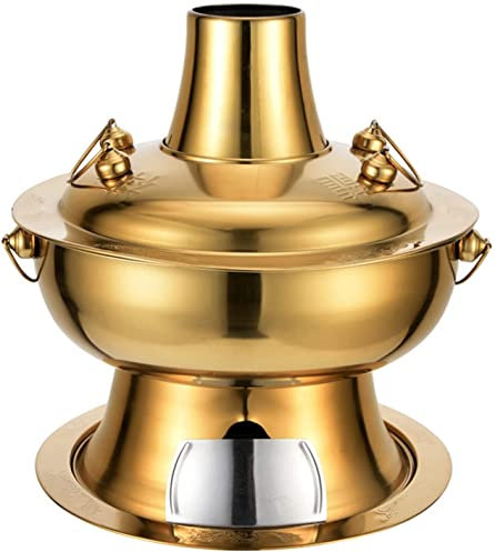 Vintage Shabu Steamers Hot Pot, Stainless Steel Charcoal Copper Shabu Serving Hotpot Cooker Chinese Traditional Soup Pot Cookware with Chimney for Home Party Restaurant,Gold,34CM