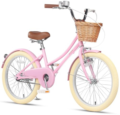 Glerc 20 pollici bambini ragazza bicicletta per 6 7 8 9 10 anni bambina retrò stile vintage biciclette con cestino ruote di allenamento e campana, rosa
