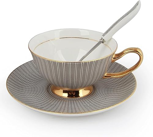 Eplze Bone China Cup& Saucer Set, 6.8oz - Embossed Texture (Gray)
