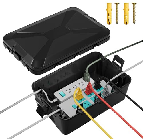 Joinfworld Large Outdoor Electrical Box 13x8x5 Black | Outdoor Extension Cord Cover Power Cord Protector Enclosure for Cable Wire Power Strip Outlet Plug