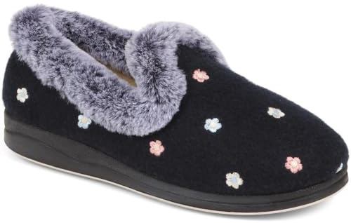 Pavers - Womens Floral Faux-Fur Slippers in Navy Floral - Designed with Plush Softness - Envelop your Feet in Warmth - Cosy & Comfortable - Size 7 UK