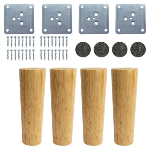 Eidoct Solid Oak Wood Furniture Legs, 4 Pack, 6 / 15cm, Tapered, Cone Shape, Natural Wood, Varnish Finish, Screw-In Installation, Suitable for Sofas, Tables, Wardrobes, Cabinets, DIY Projects