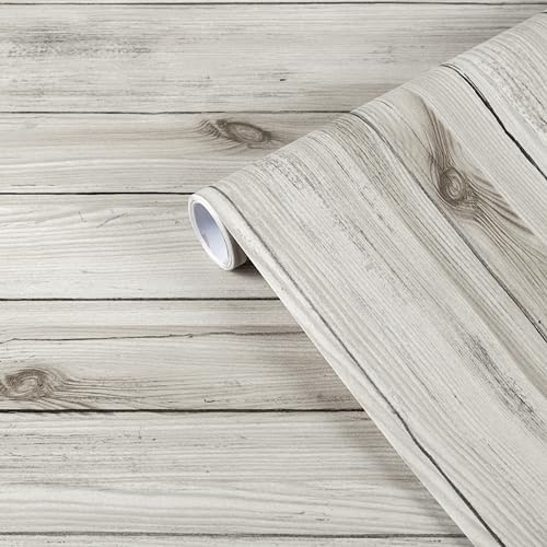 Abyssaly White Grey Vinyl Wrap Sticky Back Plastic Roll for Furniture | 60 X 500cm Wood Effect Self Adhesive Wallpaper, Removable Peel and Stick Wallpaper, Covering Film for Kitchen Desk Wall