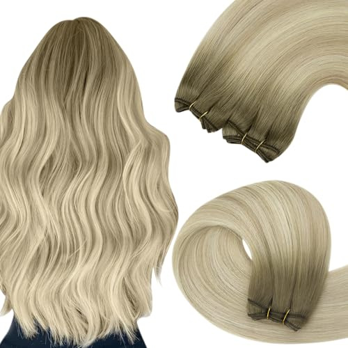 YoungSee Echthaar Tressen zum Einnahen Blond 35cm Tressen Echthaar Aschblond Ombre Blond Haartressen Echthaare Weft Extensions Doppelt-Tressen Weave Extension fur Damen 70g #SUN