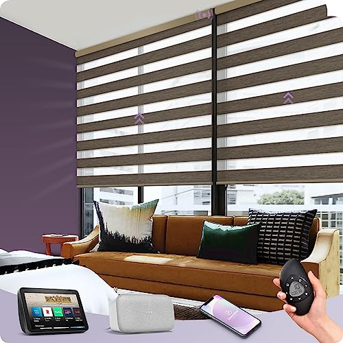 Graywind Elektrische Doppelrollo Wool-Touch, 80% Verdunkelnd Kunst Wollgewebe Duo Rollo, nach Maß Motorisierte Tag und Nacht Jalousien mit Wiederaufladbarem Motor, Alexa Google Kompatibel, Black Gold