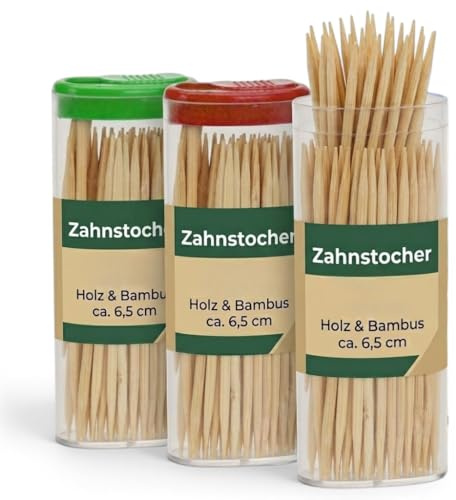 MIJOMA Zahnstocher aus unbehandeltem Holz – Spitze Zahnhölzer für Mundhygiene, Häppchen und Cocktailspieße – ideal für Zuhause, Gastronomie und unterwegs (3 x 80 Stück in Handtaschen-Dose)