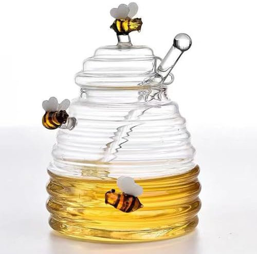 TAMUME Barattolo per miele in vetro da 450 ml con decorazioni artistiche a forma di ape e cucchiaio in vetro