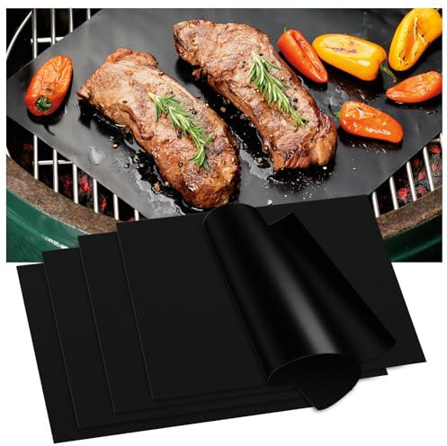 KitchenRaku BBQ Grill Mat 33X40cm Set of 5, Non Stick Oven Liners for Bottom of Fan Assisted Ovens, Reusable Teflon Barbecue Mats for Baking on Gas, Charcoal, Oven & Electric Grills (Black)