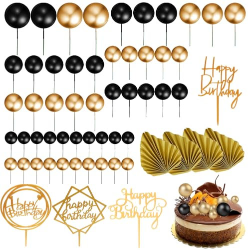 58PCS Black & Gold Cake Decorations - Cake Balls, Palm Leaf, Wedding & Birthday Party Supplies