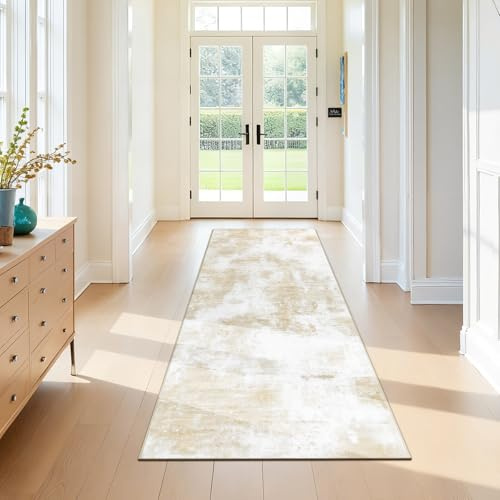 SHACOS Tappeto Corridoio Moderno 80x200cm, Pelo Corto Tappeto Runner Ingresso Antiscivolo Lavabile Tappeto Passatoia Astratto Tappeto Lungo per Ingresso Cucina Lavanderie, Beige