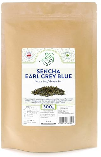 China Sencha Earl Grey Blue - Premium Green Loose Leaf Tea with Bergamot Flavour & Cornflowers (300g, Earl Grey - Blue)