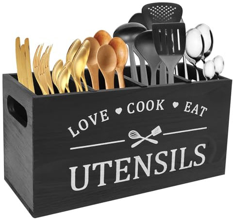 QINGLANG Kitchen Utensils Holder Rustic Wooden Cooking Utensil Organizer with 4 Compartment and Drainage Bottom Silverware Flatware Organizer Farmhouse Utensil Caddy Cooking Tools Storage (Black) ﻿