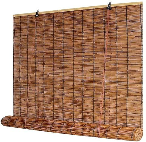 Blackout Bamboo Blinds Retro Roller Shade Anti-UV Reed Blinds with Lifter Privacy Screen Roman Shades for Patio Kitchen Windows Sun Protection Breathable 50 65 80 90 100 115 130 145 160 180cm