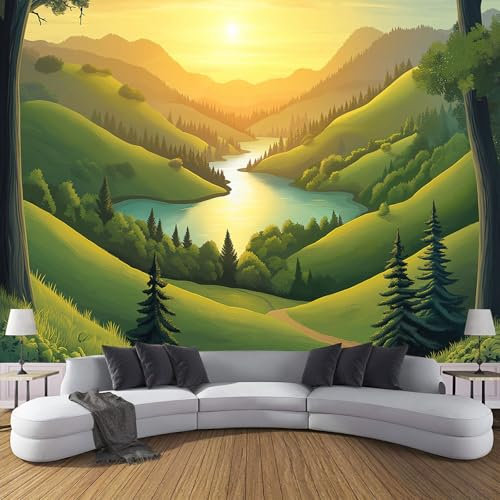 Grasland Fototapete - Grüne Berge Im Cartoon-Stil - Größe 250X180Cm (Breite X Höhe) Wandtapete Tapete, Wandbild Wandtattoo Dekoration - Tapete, Kinderzimmer, Kindertapete