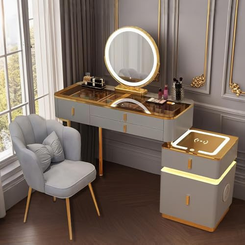 Generisch Große Schminktisch 100CM/80CM, Kosmetiktisch mit Spiegel 3 Einstellbare Helligkeiten, Frisiertisch mit Schubladen und Speichertischbeine Make up Tisch Set Schminktisch (Grau + Gold, 80cm)