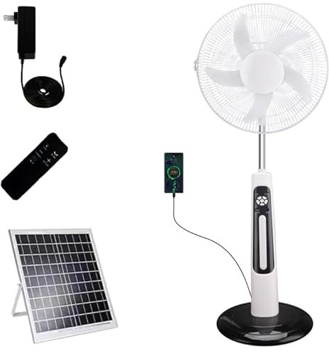 Ventilador solar recargable de pie con control remoto, ventilador vertical alimentado por batería de 16 pulgadas con batería de 10000 mAh, dos métodos de carga, 8 velocidades, ventilador de pedestal