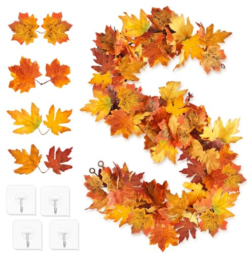 ROLLWAY 2 PCS Guirnalda Otoño Fall Decor Guirnaldas Decoración Autumn Decor Guirnalda Hojas Otoño Fall Decoration de Arce, 1,75M para Halloween, Bodas, Fiestas, Cena Fiesta Naranja Amarillo