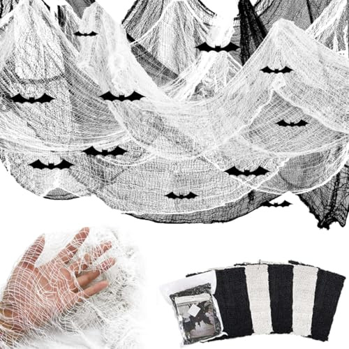 Halloween Deko Stoff, 5 x 183 x 76CM Schwarz Weiß Dekogewebe für Halloween Party Dekoration, Gruseliges Tuch sorgt für mystische Stimmung, Der Fetztenstoff ist für die Türen Hallen Veranden Fenster