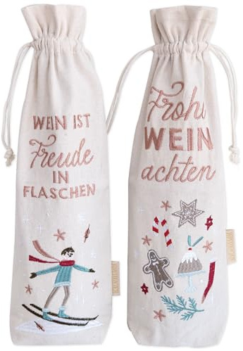 Papierdrachen 2 Flaschenbeutel - beige mit hochwertiger Stickerei - lustige Sprüche - Geschenkverpackung - Taschen für Weinflaschen - Weihnachten 2025